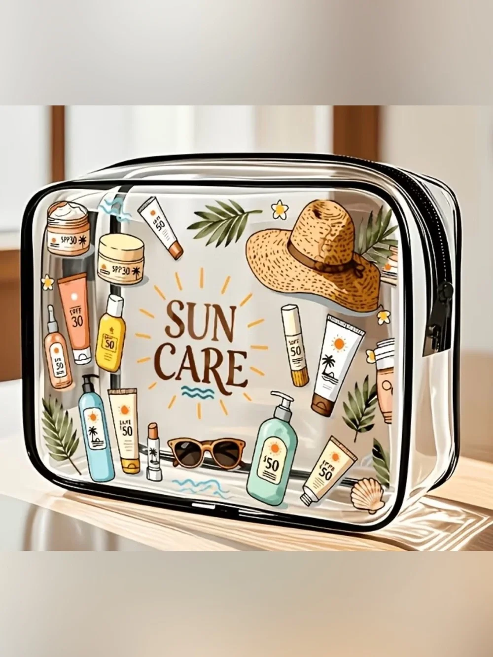 Clear Cosmetic Pouch with Beige and Tan Sun-Care Print